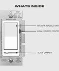 Front view of a 3-Way White Dimmer Switch For LED Lights, Single Pole Rocker And Slide Dimmer with toggle and slide controls, labeled components visible.