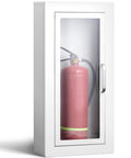 White Steel Fire Extinguisher Cabinet For Indoor And Outdoor Use Wall Or Surface Mount 27.38 In High, 13.88 In Wide, 6.50 In Deep Holds 10 Lb Extinguisher