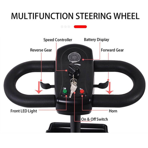 Four Wheel Electric Mobility Scooter for Adults and Seniors, 250W Motor, multifunction steering wheel with control features