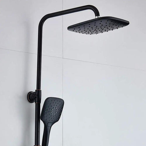 UMJIGF Shower System with Cold and Hot Water Wall Mounted Shower Faucet Set featuring a modern black shower head and handheld shower.