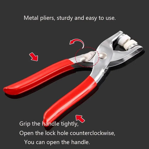Close-up of pliers from the Snap Fasteners Kit With 100 Sets Of Metal Snaps And Pliers Tool For DIY Crafts Clothing Sewing Hats Easy Fabric Installation
