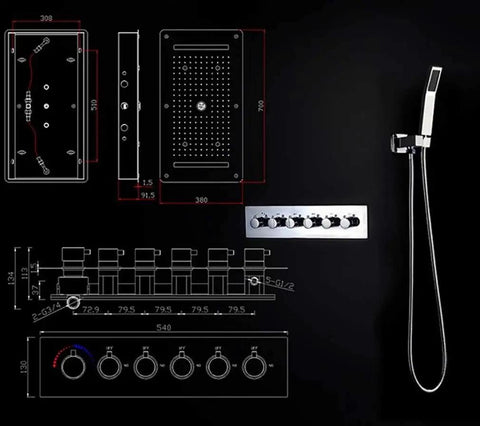 Heavy Duty 15 By 28 Inch Led Ceiling Rain Shower Head With Handheld Spray Antique Brass Finish schematic view with dimensions and components.