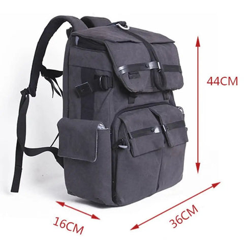 Side view of a black Waterproof DSLR Camera Backpack With Padded Twin Straps Thickened Build Durable Canvas Keeps Your Gear Safe And Organized On Travel Photography Trips Everywhere showing dimensions 44cm x 36cm x 16cm.