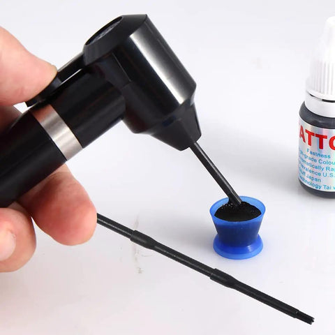 Electric Ink Mixer For Tattoo Pigment With 100 Mixing Sticks Kit, Pro Grade Tattoo Ink Agitator Machine For Microblading Eyebrow Color, Black Pigment, Easy One Touch Operation And Sanitary Disposable Sticks, black ink mixer with disposable stick over pigment cup