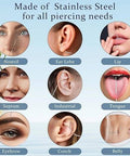 Diagram of piercing locations showing nostril, ear lobe, lip, septum, industrial, tongue, eyebrow, conch, and belly.