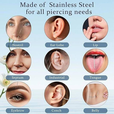Diagram of piercing locations showing nostril, ear lobe, lip, septum, industrial, tongue, eyebrow, conch, and belly.