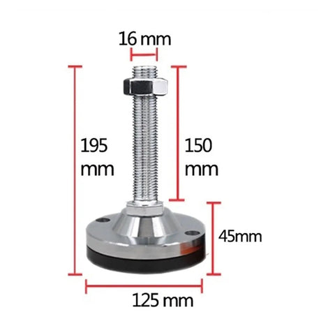 Heavy Duty Adjustable Leveling Feet With Shock Absorbing Rubber Base, M16 Thread Machine Mounts, 195mm tall with a chrome finish.