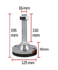 Hardcore Adjustable Leveling Feet That Straighten Uneven Floors And Lock Furniture In Place Fast Black Rubber Shockproof Steel Base with dimensions 195mm height and 125mm base.
