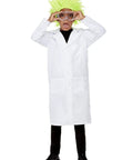 Unisex Doctor Scientist Costume With White Lab Coat Realistic Medical Look Party Ready Dress Up Outfit For Halloween And Cosplay Lightweight And Comfortable Size Small S, child wearing white lab coat, green wig, and goggles.