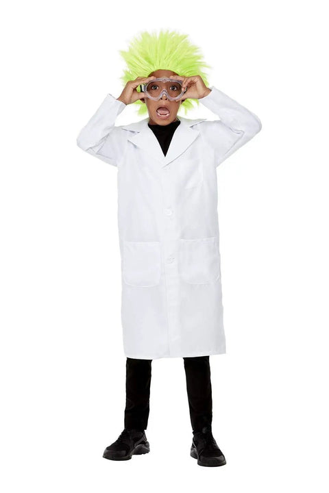Unisex Doctor Scientist Costume With White Lab Coat Realistic Medical Look Party Ready Dress Up Outfit For Halloween And Cosplay Lightweight And Comfortable Size Small S, child wearing white lab coat, green wig, and goggles.