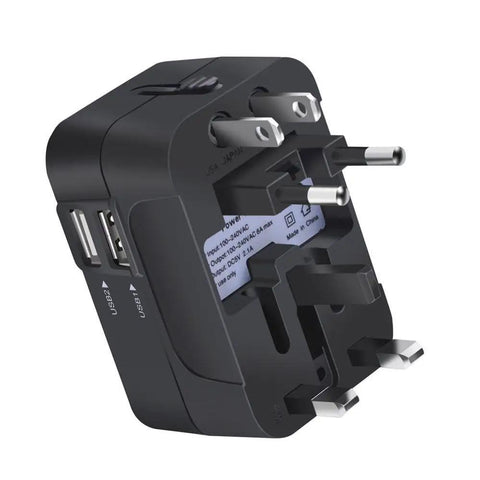 Worldwide Travel Power Adapter With Dual USB Ports All In One Universal Wall Charger for USA EU UK AU plug in black