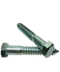 Heavy Duty 1/2 Inch By 3 Inch Zinc Plated Hex Lag Bolt Screws Pkg Of 5 for solid wood projects, showing two screws at an angle.