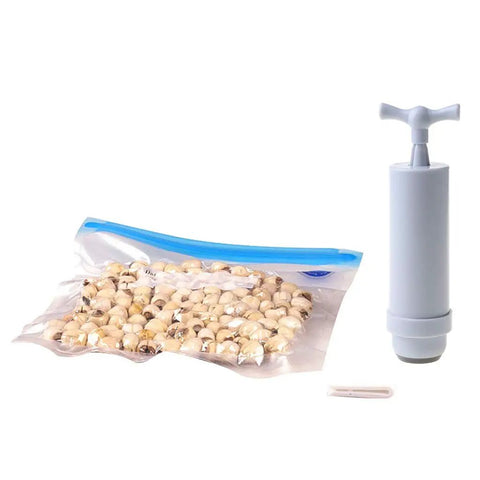 Hand Vacuum Compression Storage Bags With Manual Pump For Clothes And Bedding Space Saving Suction Air Deflation System Easy To Use Heat Sealable Vacuum Sealer Machine Accessory Set Multicolor with packed items.