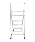 Rock Solid Four Step Rolling Ladder With Sturdy Rails And Non Slip Steel Treads Built Tough for warehouse access with blue wheels.