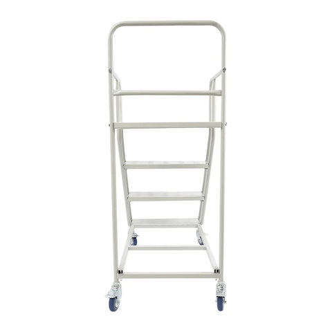 Rock Solid Four Step Rolling Ladder With Sturdy Rails And Non Slip Steel Treads Built Tough for warehouse access with blue wheels.