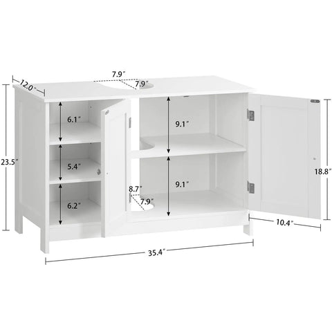 Top Notch White Pedestal Sink Cabinet With Double Doors And Adjustable Shelving features dimensions 35.4x12x23.5 for under sink storage.