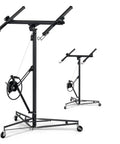 16 Foot Heavy Duty Drywall Lift And Rolling Panel Hoist, black steel construction with adjustable arm and winch.