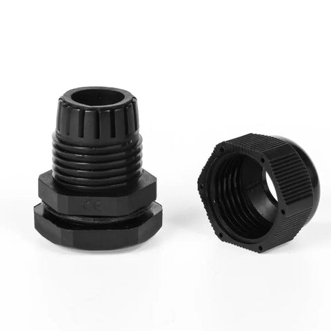Close-up of cable glands from the 34 Pack IP68 Waterproof Cable Gland Kit With 3 To 16 mm Adjustable Connectors, black PA66 material.