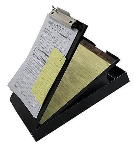 Black Dual Layer Metal Clipboard Folio with storage for letter size papers, showing self-locking latch and privacy feature in clinics and office.