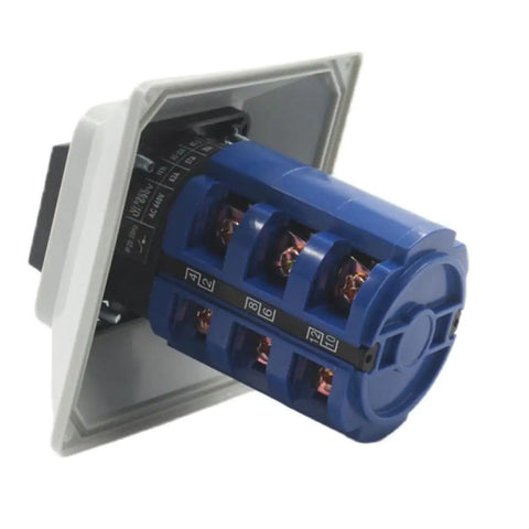 Side view of Three Phase Rotary Changeover Switch 690V 63A 12 Terminal Main Switch Box JYW29-63/3 D303 with blue housing