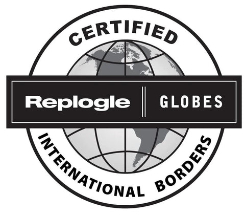 Replogle Globes certified logo showing globe graphic with International Borders around edge