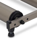Detail of G2 Folding Bike Trainer with Step Guard and alloy rollers ultra quiet operation, showing adjustable rear roller fit.