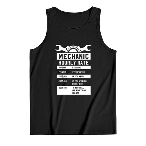 Men's Premium Cotton Tank Top Featuring Mechanic Hourly Rate Graphic on a black sleeveless shirt for casual wear.