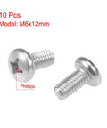 M6x12mm Machine Screws, Phillips Cross Pan Head, 304 Stainless Steel Fasteners, 10 Piece Set close-up view of screws.