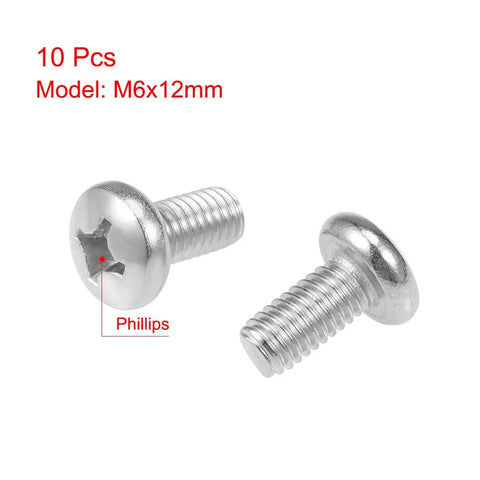 M6x12mm Machine Screws, Phillips Cross Pan Head, 304 Stainless Steel Fasteners, 10 Piece Set close-up view of screws.