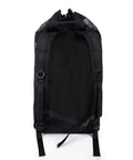 Black heavy duty large mesh backpack for scuba gear showing back view with padded straps, ultra spacious travel bag with ventilated mesh.