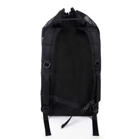 Black heavy duty large mesh backpack for scuba gear showing back view with padded straps, ultra spacious travel bag with ventilated mesh.