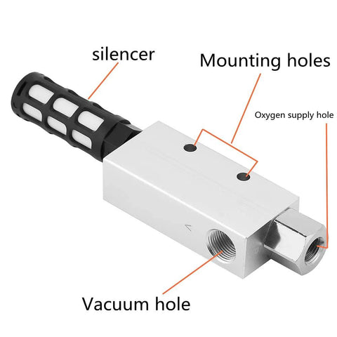 Angled side view of CV-20HS vacuum generator with silencer; aluminum block with vacuum port and mounting holes.