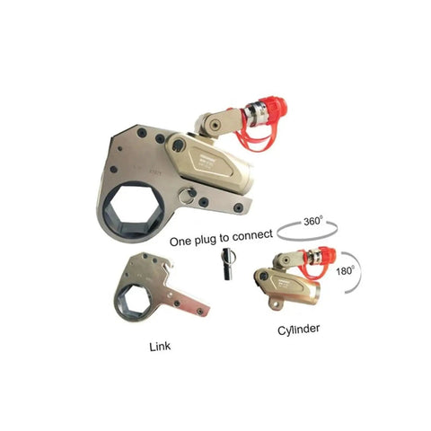 Zero Hassle Heavy Duty Hydraulic Torque Wrench 700 Bar Square Drive Rotary Return showing link and cylinder component with swivel hose.