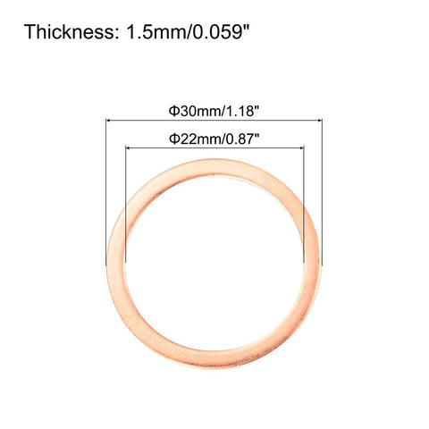 30 Pack Flat Copper Washers Metric 22x30x1.5mm Rock Solid Crush Ring Seals, showcasing precise measurements and thickness.