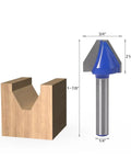 Premium 60 Degree Wood Carving Router Bit With Tough Tungsten Cobalt Alloy Shank And Razor Sharp Edges next to a wooden groove piece.