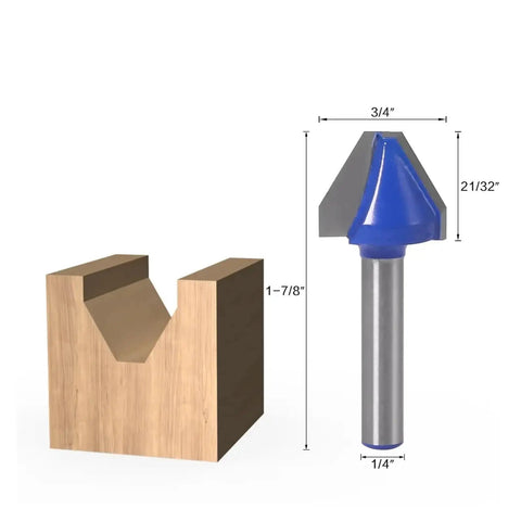 Premium 60 Degree Wood Carving Router Bit With Tough Tungsten Cobalt Alloy Shank And Razor Sharp Edges next to a wooden groove piece.