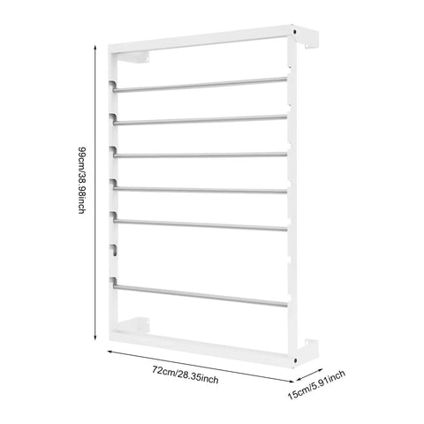 6 Rod Wall Mounted Wire Spool Rack Adjustable Cable Organizer For Garage Workshop Save Space Easy Install with six rods in white.