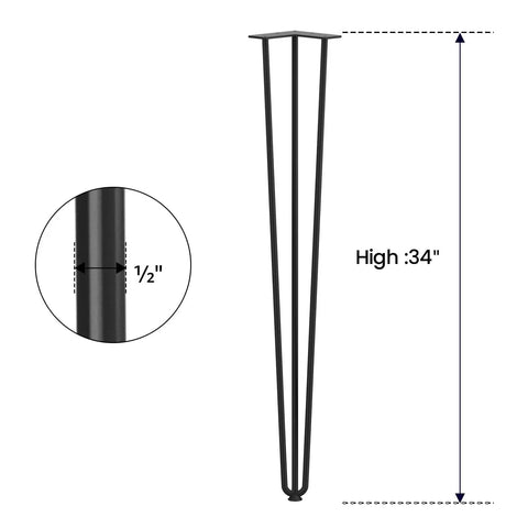 34 Inch Hairpin Table Legs One Half Inch Diameter 3 Rods Steel Satin Black Powder Coated Heavy Duty 600 Lb Capacity