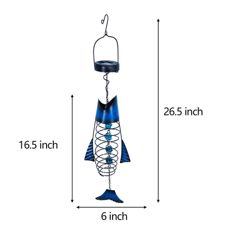 Handcrafted Iron Fish Lantern With Solar Powered Warm White LED Lights, Waterproof Outdoor Hanging Garden Decor, 26.5 inches