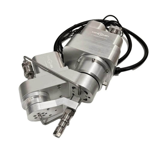 Waterjet cutting head AC-5AXIS upgrade, 0–70° large-angle cutting, silver metal body with cables.