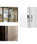 Heavy Duty 180 Degree Concealed Folding Door Hinge Built In Invisible Hidden Cross Gemel Stainless Steel 1 Piece No 1 Hinge For Cabinets And Interior Doors shown in installed view on glass and wood panels