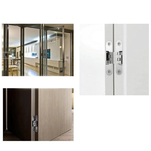 Heavy Duty 180 Degree Concealed Folding Door Hinge Built In Invisible Hidden Cross Gemel Stainless Steel 1 Piece No 1 Hinge For Cabinets And Interior Doors shown in installed view on glass and wood panels