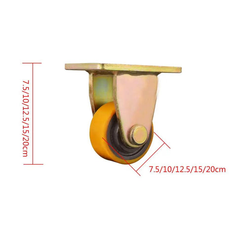 Top Shelf Heavy Duty Cast Iron Caster Wheels With Firm Locking Brakes Industrial Grade Rollers shown from side angle with yellow polyurethane tread.