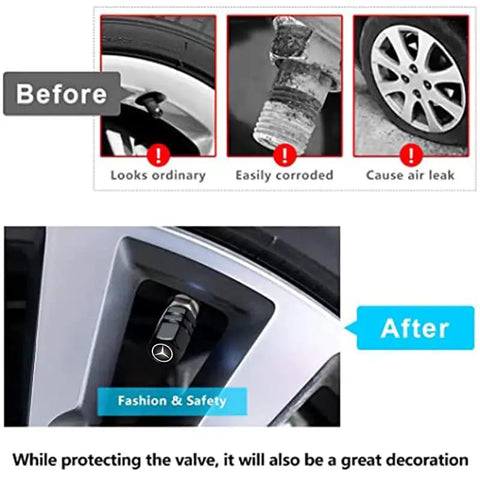 Before and after comparison of Mercedes Benz Tire Valve Caps And Leather Keychain Set on car wheel, emphasizing durability.