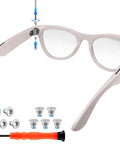 No Mess Replacement Screw Kit That Slips Right Into Ray Ban Meta Wayfarer Skyler Headliner Gen One Two Frames Plus Oakley Meta Hstn hardware with screws and driver tool.