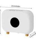 Compact Tankless Water Heater Electric Instant Hot Water Wall Mounted Unit featuring digital display, dimensions 22cm x 15cm x 5.3cm.