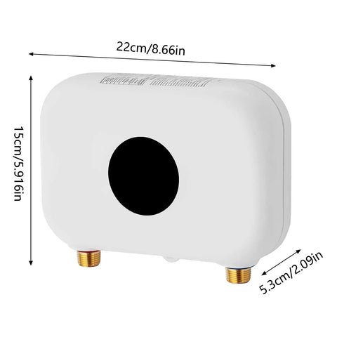 Compact Tankless Water Heater Electric Instant Hot Water Wall Mounted Unit featuring digital display, dimensions 22cm x 15cm x 5.3cm.