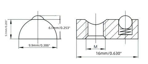 Technical drawing of 1/4-20 Steel T-Nut With Ball Spring For Aluminum Extrusion Rails, dimensions labeled in inches and millimeters.