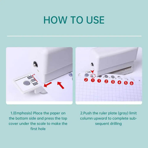 Instructional image showing how to use the Six Hole Round Paper Punch Handheld Circle Punch for A4 A5 B5 Notebooks.