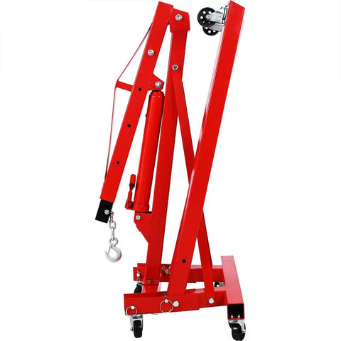 No Sweat Lifting Two Ton Folding Hydraulic Engine Hoist Cherry Picker With Telescopic Boom and Rock Solid Steel Base side view with casters.